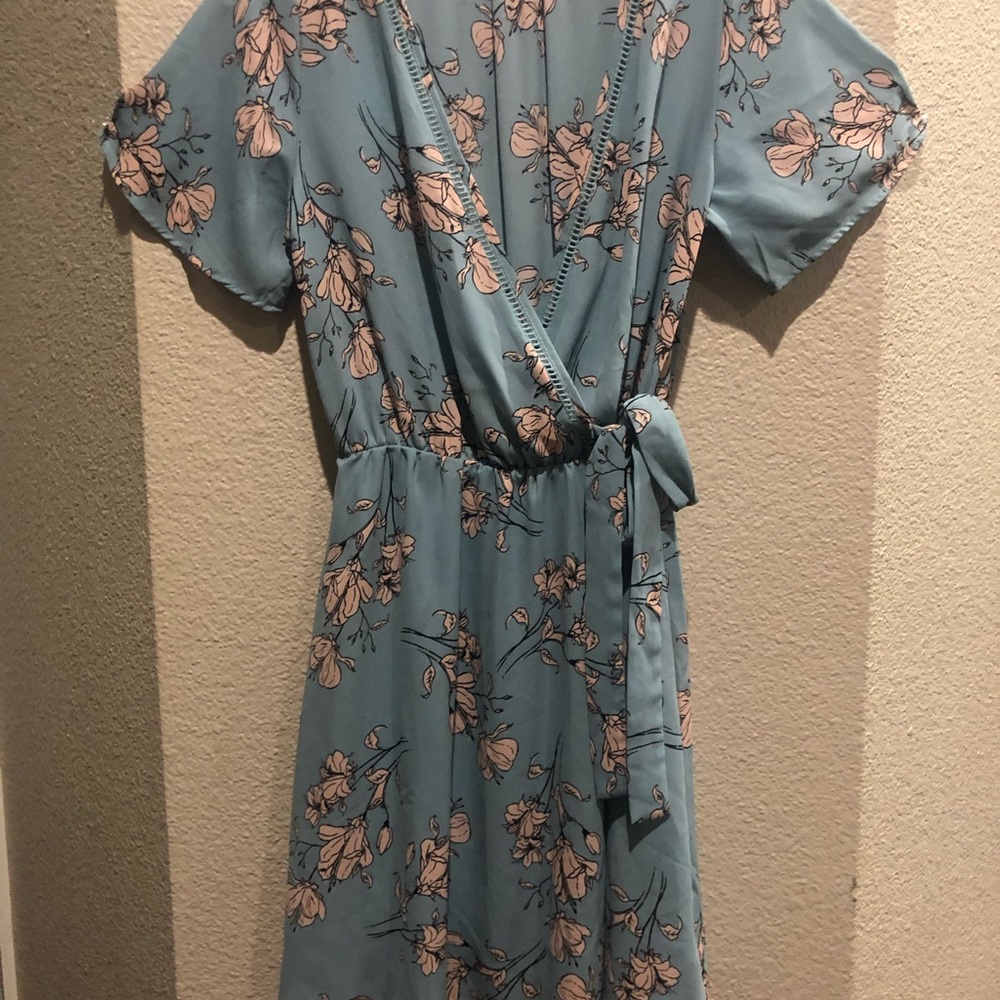 Women’s blue and pink floral dress.